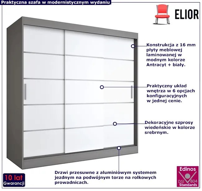 Szafa przesuwna antracyt + biały 200 cm - Bohosa 6X