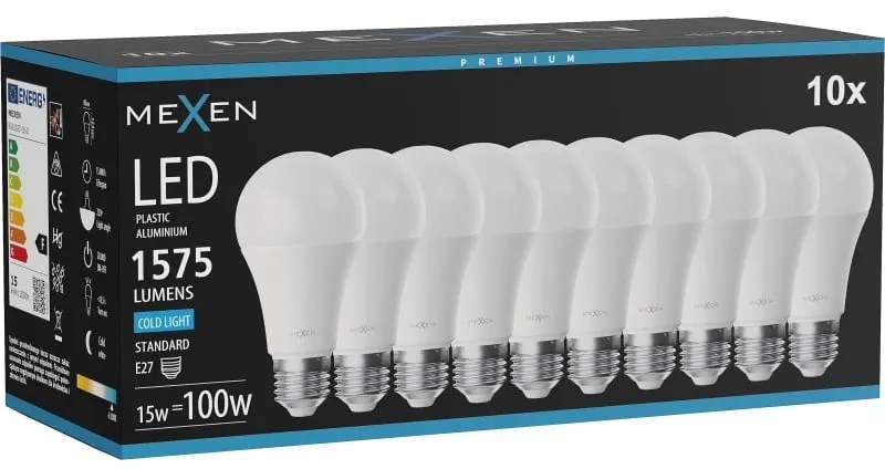 Mexen Nova 10x żarówka LED E27, A60, 15W, Zimna - 6500K, 1575 lm - L100-E27-1565-01x10