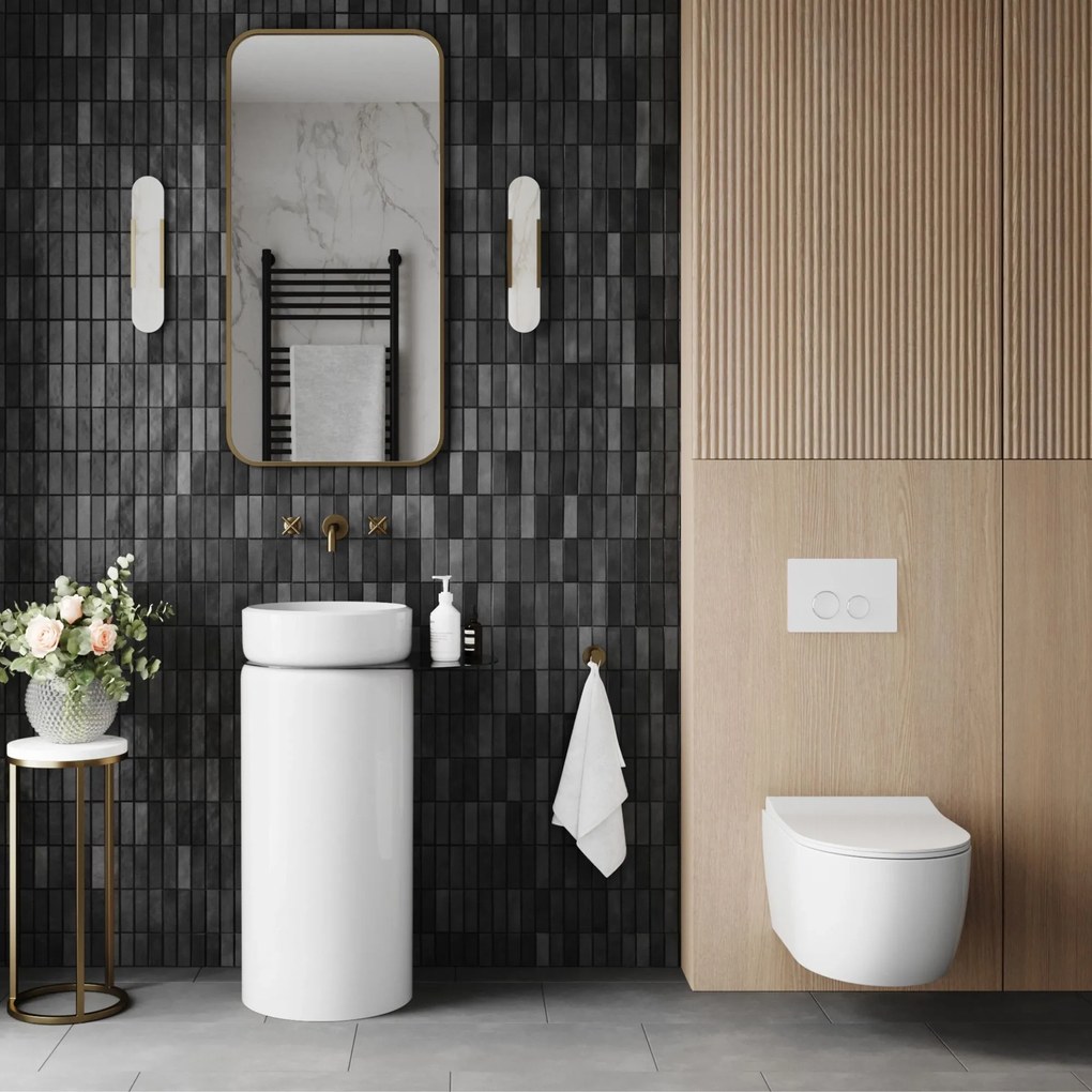 Zestaw łazienkowy z umywalką RONA z półką i korkiem, miską wc, stelażem i przyciskiem | Różne kolory : Kolor zestawu - Biały mat, Podłączenie syfonu - Do podłogi