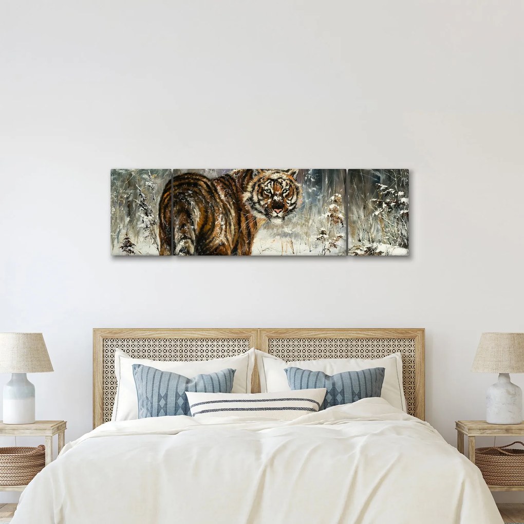 Obraz - Tygrys w zaśnieżonym lesie, obraz olejny (170x50 cm)