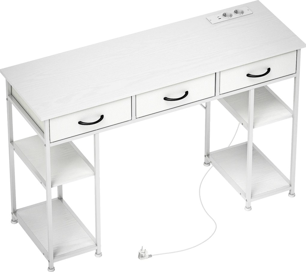 HOMCOM Biurko/Stół kuchenny z 2 portami USB i 2 gniazdkami, regulowane półki, 3 materiałowe szuflady, 120x40x76 cm, biały | Aosom PL