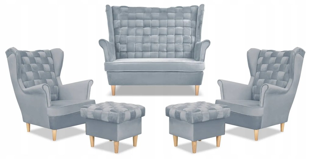 Zestaw wypoczynkowy Carol sofa fotele pufy paski Family Meble błękitny