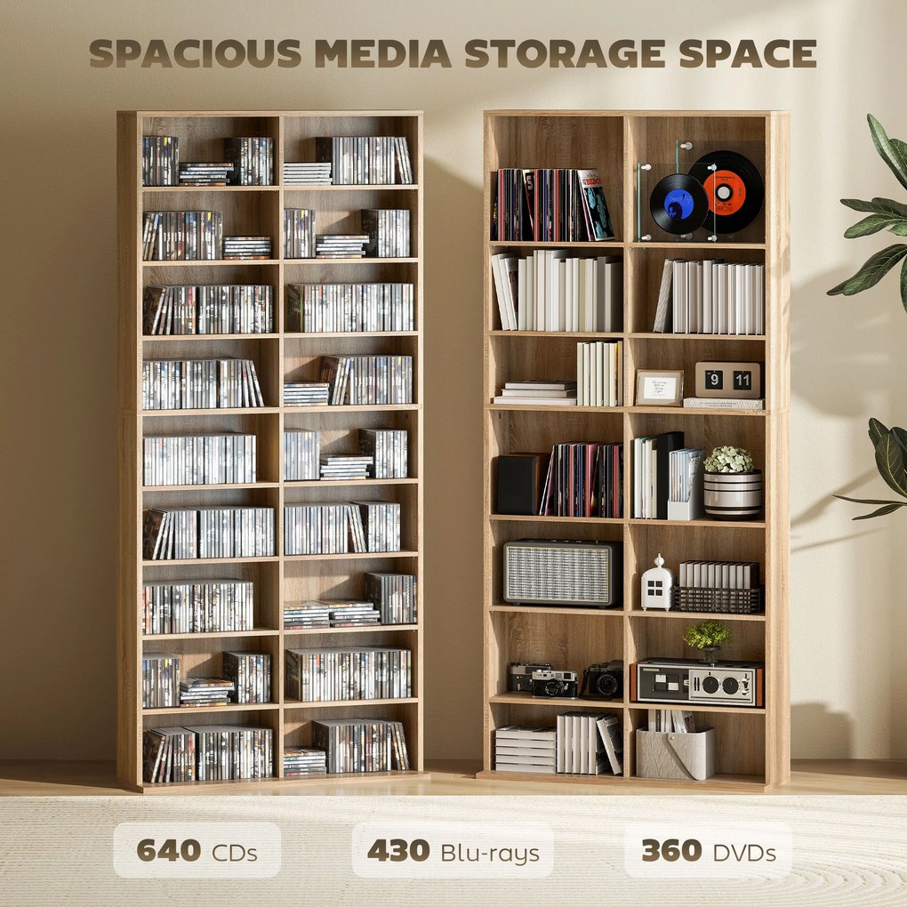 HOMCOM 9-poziomowy regał na DVD z 18 przegródkami i 14 regulowanymi półkami, miejsce na 640 płyt CD, 360 płyt DVD lub 430 płyt Blu-ray, naturalne drewno | Aosom PL