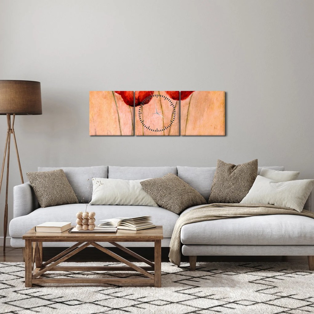 Obraz - Czerwone tulipany (z zegarem) (90x30 cm)
