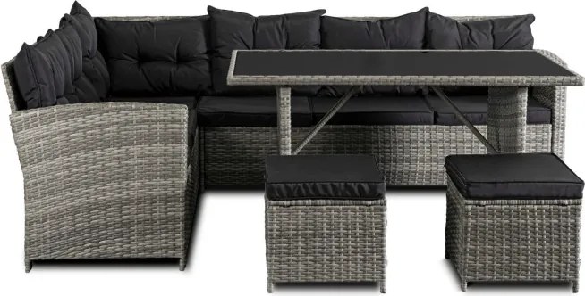 Zestaw Mebli Ogrodowych DALLAS Szary/Czarny Narożnik Pufy Stolik Tarasowy Technorattan Nowoczesny