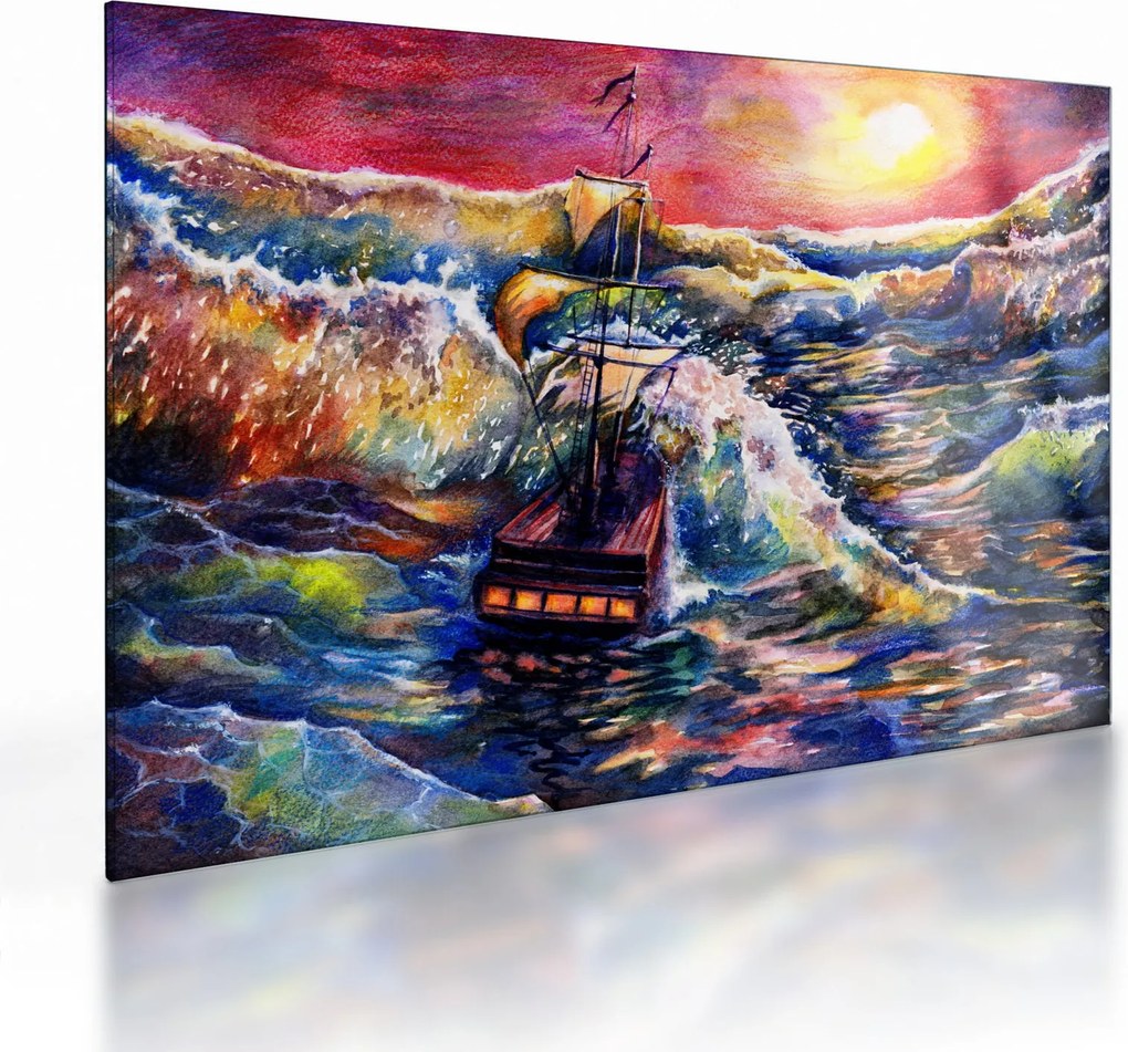 Obraz na szkle - Statek na falach oceanu, akwarela (70x50 cm)