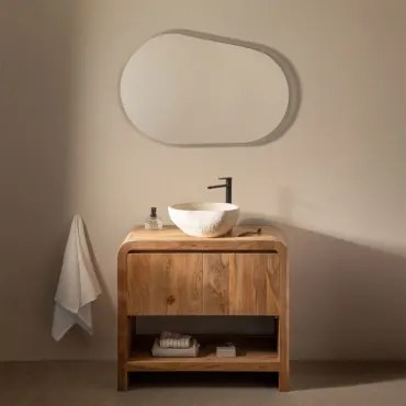Zestaw Mebli Łazienkowych Z Drewna Vacry Akacja Brąz & Nieregularna Z Biały Cementu ↔︎40 Cm Fedro & Owalna - Sklum
