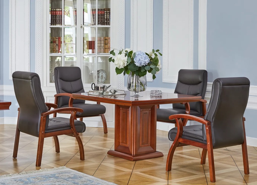 Stolik biurowy Dunkan, kwadratowy, fornirowany drewnem. Dostępne wymiary: 80x80 cm i 120x120 cm. Stolik okolicznościowy do biura. Meble gabinetowe Prestige.