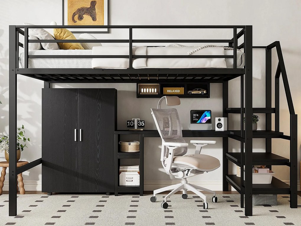 Łóżko mezzanine 140x200 cm z metalu - z biurkiem, szafą i drabiną do przechowywania - Czarny