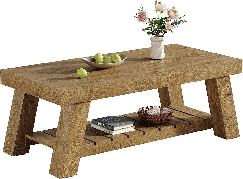 Stolik kawowy z 2-poziomową przestrzenią do przechowywania, 120 × 60 × 45 cm, rustykalny prostokątny stół do salonu