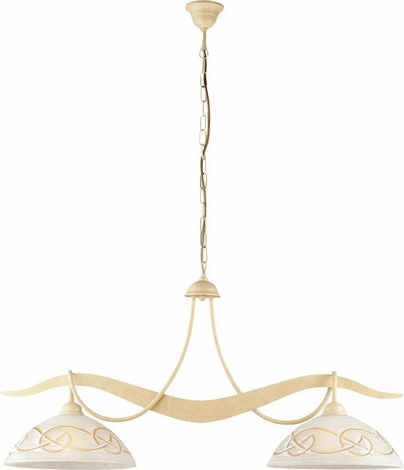 Bilbao - żyrandol z lakierowanego żelaza w kolorze kości słoniowej, dekor piklowany, białe i bursztynowe klosze szklane Ø30 cm, 2 światła, 89x30 cm