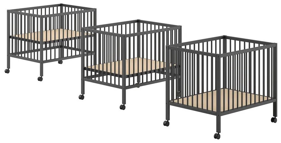 Antracytowy kojec dla dzieci z litego drewna bukowego z regulowaną wysokością/na kółkach 95x75 cm Dino – Vipack