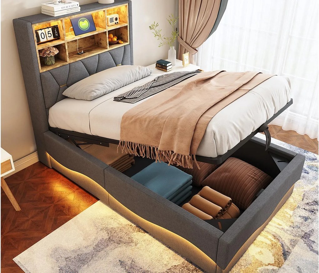 Łóżko dziecięce ze schowkiem 90x200 cm - z taśmą świetlną LED - z portem ładowania USB - len - szare (bez materaca)