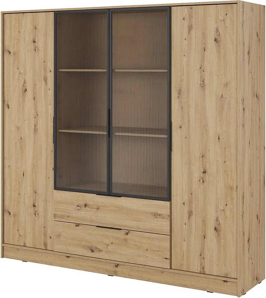 Szafa otwierana 200 cm Kalma 4DRM - szafa z ryflowaną szybą, szuflady, 4 drzwi, dąb Artisan