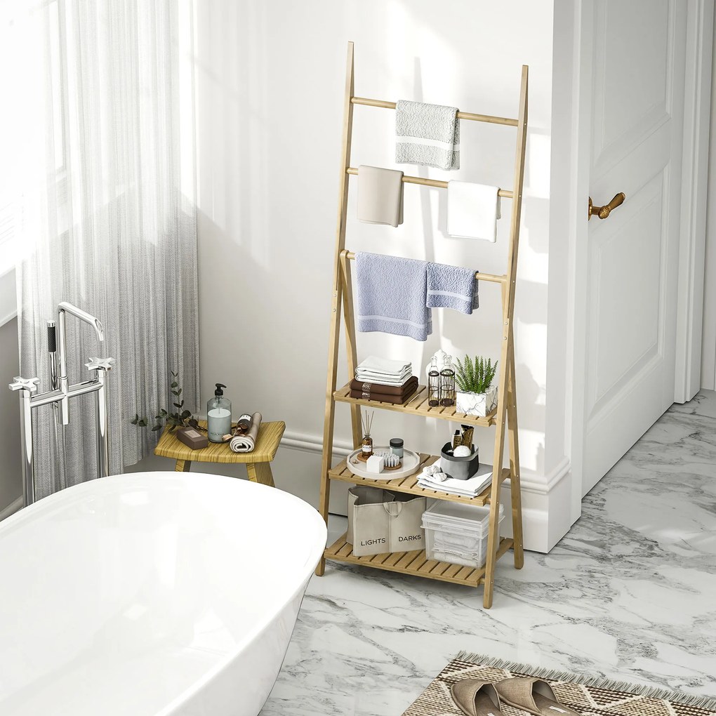 HOMCOM 3-poziomowy regał łazienkowy, 3 uchwyty na ręczniki, rama bambusowa, w kształcie litery A, półki szczebelkowe