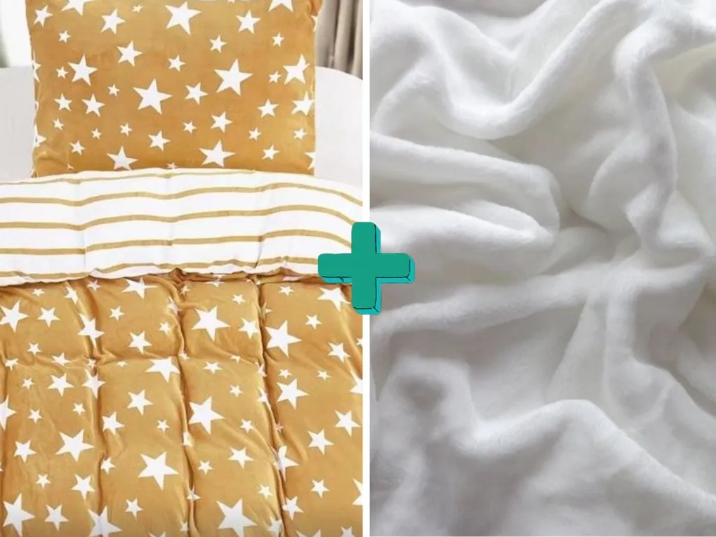 PrzytulneMieszkanie.pl PrzytulneMieszkanie.pl PrzytulneMieszkanie.pl 2x pościel z mikropluszu GWIAZDY beżowa + prześcieradło z mikropluszu SOFT 180x200 cm białe