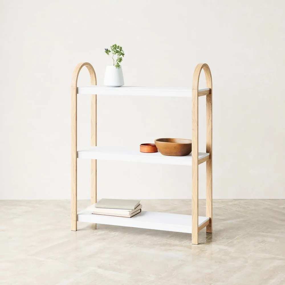 Biały regał w dekorze drewna egzotycznego 72x90 cm Bellwood – Umbra