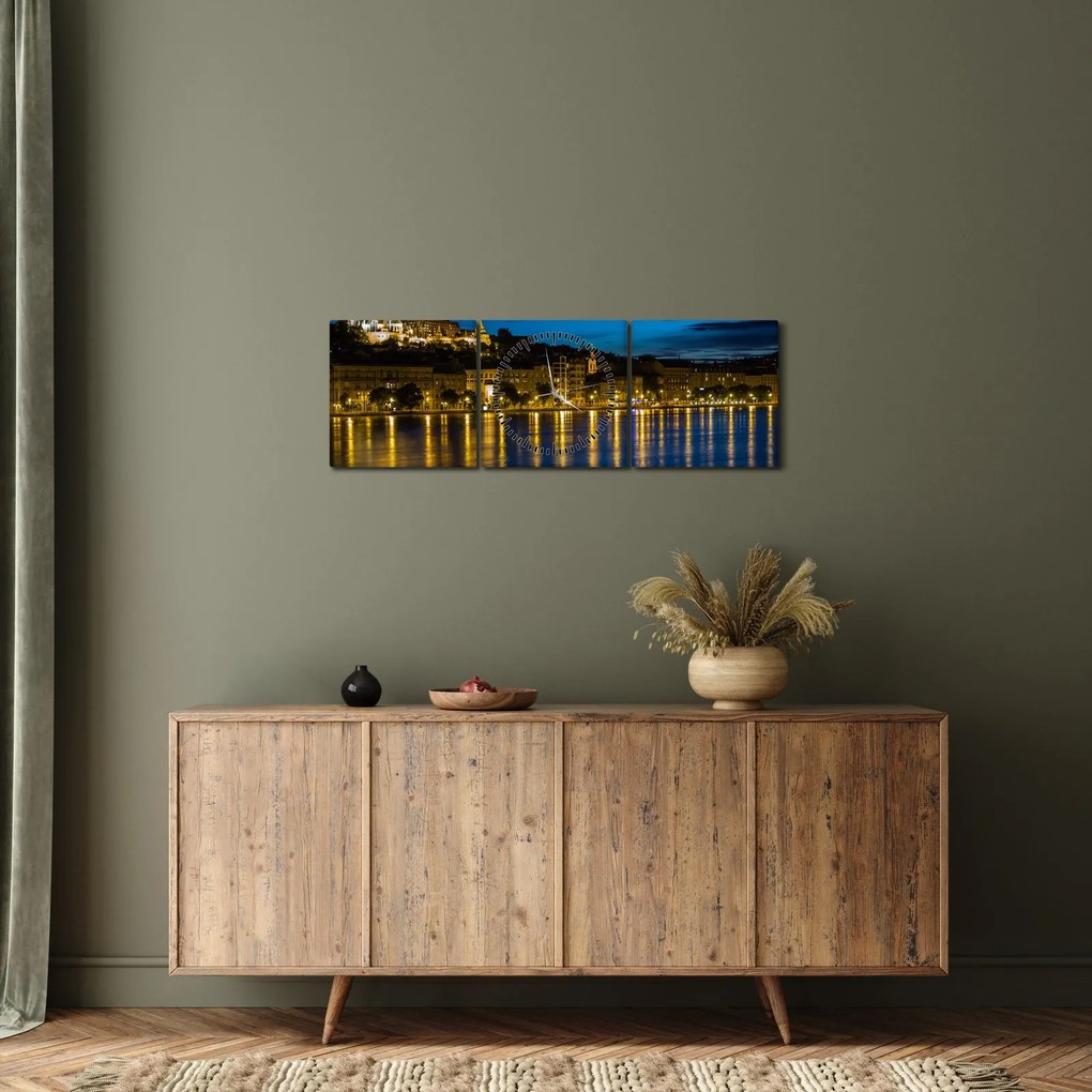 Obraz miasta nocą (z zegarem) (90x30 cm)