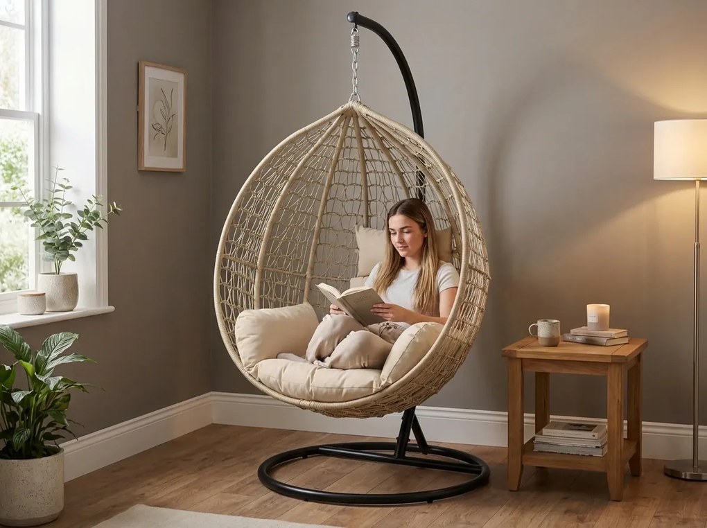 Wiszące krzesło KOKON ze stojakiem, beżowe