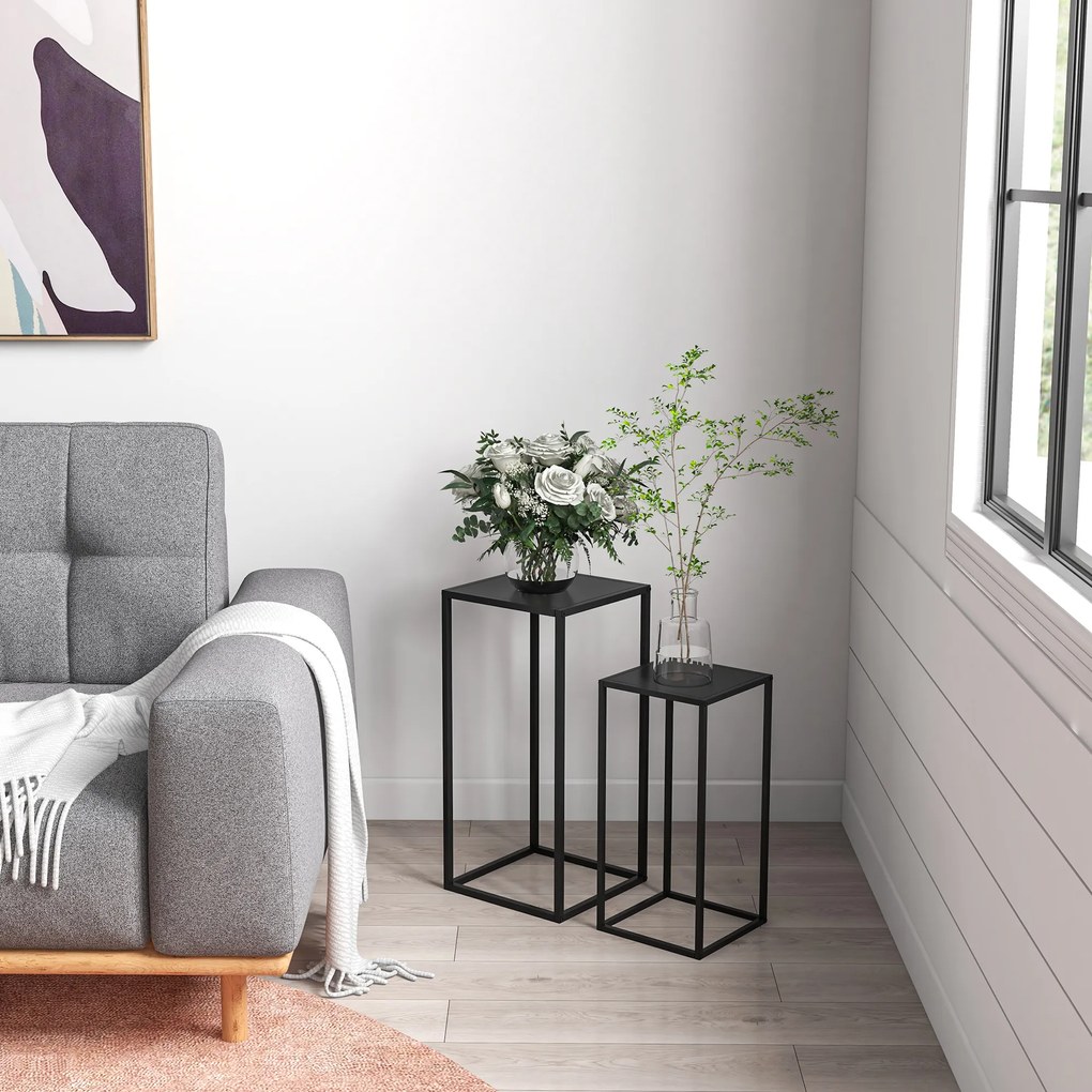 Outsunny Stojaki na Kwiaty, Zestaw 2, Skandynawski Design, Metalowy Stelaż, Wysokości 58,5/65cm, Czarne