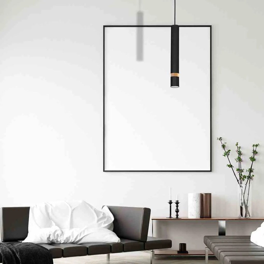 Lampa wisząca, czarna, drewno, tuba, JOKER BLACK/WOOD 1xGU10