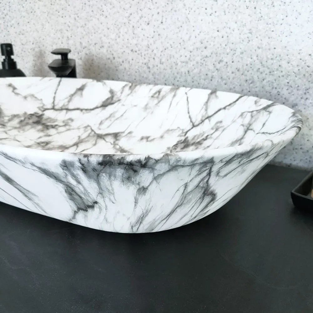 Umywalka  ceramiczna nablatowa owalna marmurowa biała bez otworu na baterię 60 x 42 cm MARMO White