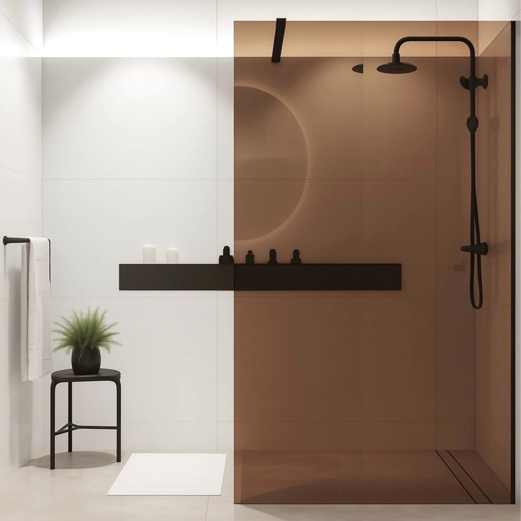 Ścianka prysznicowa WALK IN FIX brązowa prostokątna 8 mm Molis Classic Brown MASSI | rożne rozmiary : Kolor profili kabiny - złoty szczotkowany, Szerokość ścianki - 90 cm , Typ montażu - WALK in FIX (Do ściany)