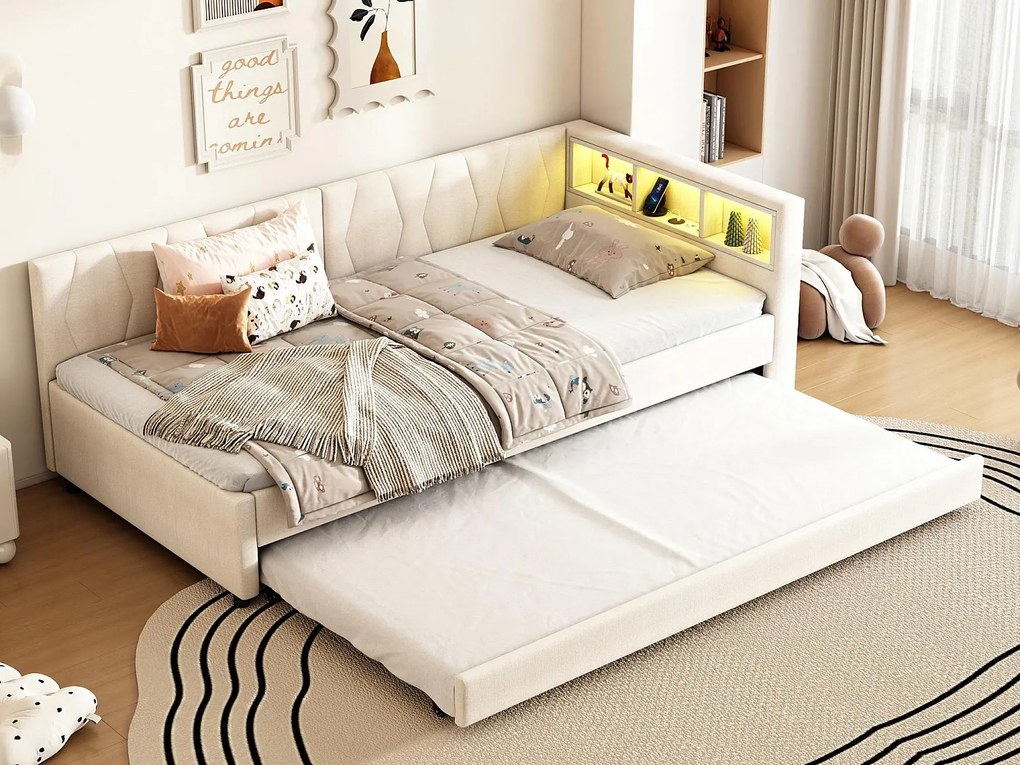 Kanapa rozkładana 90x200 cm - z łóżkiem wysuwanym - z portami USB + Type C - z oświetleniem LED - beżowy (materac nie jest w zestawie)