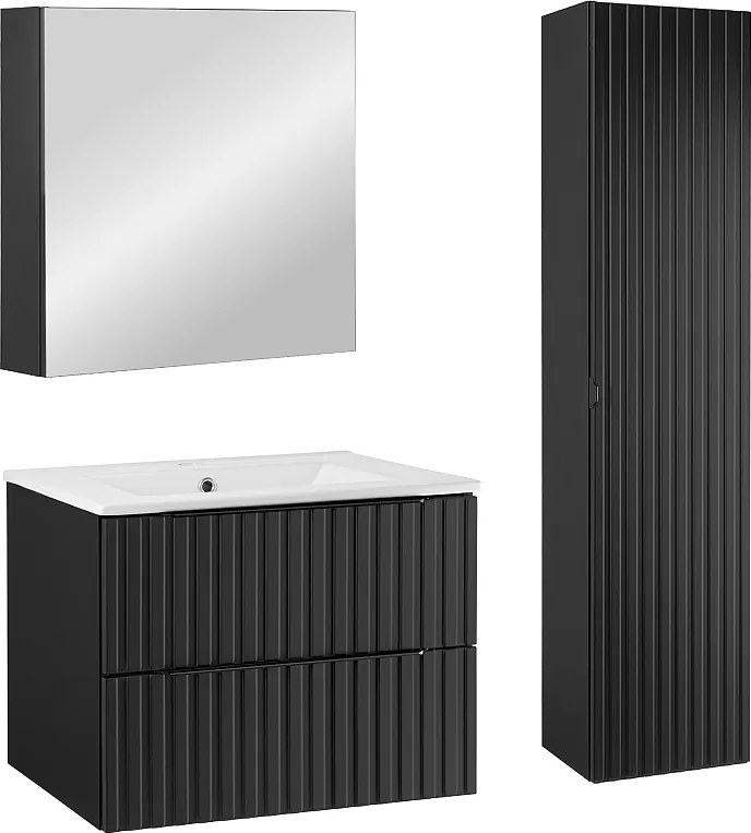 Zestaw Łazienkowy 60cm Ryflowane Fronty Czarny Amy Słupek Szafka z Lustrem