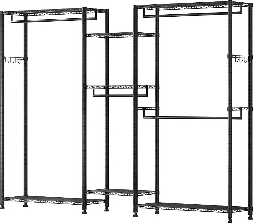 Wieszak na Ubrania SucceBuy z 7 Regulowanymi Półkami, Wieszak ze Stalową Ramą, Szafa na Ubrania Nośność 385,5 kg, z 4 Drążkami
