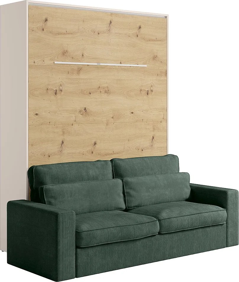 Łóżko chowane w szafie 160 x 200 cm - Ręczne otwieranie pionowe - Z LEDami - Beżowy i naturalny + kanapa Zielona - RAPILI
