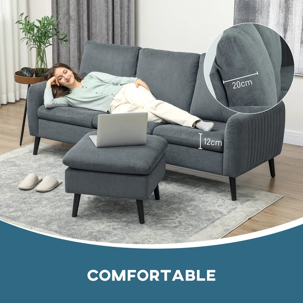 HOMCOM Sofa narożna, 3-osobowa sofa z pufą, Obicie z tkaniny, Zestaw sof L-kształt, Ciemnoszary