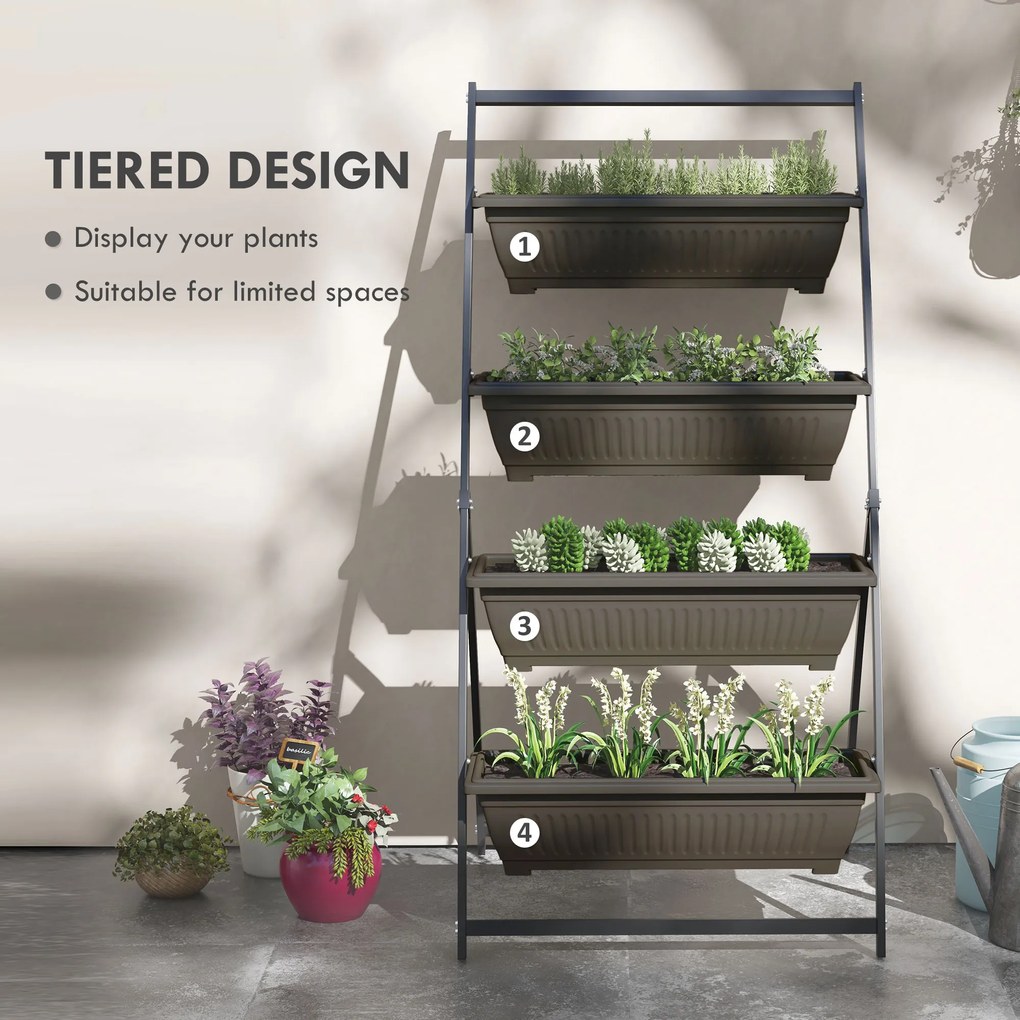 Outsunny Stojak na rośliny, Stojak na kwiaty z 4 poziomami, Regał na rośliny z otworami, Schody roślinne, Stal, Brązowy, 76 x 79 x 162 cm