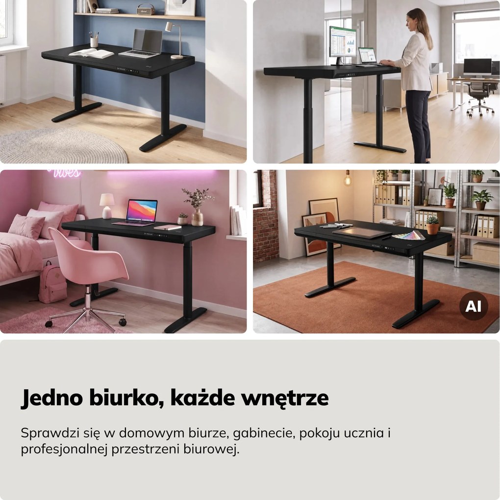 Biurko elektryczne sit-stand z szufladą i ładowarką bezprzewodową Qi czarne, 1200 mm: ELLIS