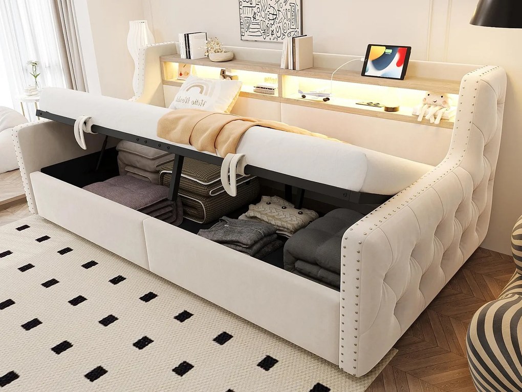 Tapicerowana sofa z łóżkiem 90x200 cm - z oświetleniem LED - schowki - gniazdko elektryczne + port ładowania - beżowy