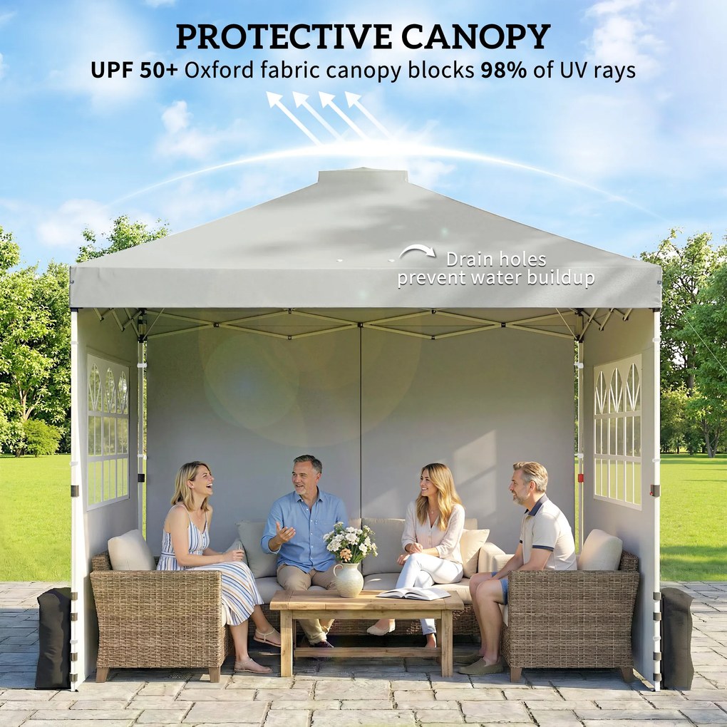 Outsunny Pawilon 3x3 m Wodoodporny Regulowana Wysokość Pop-up Składany z 3 Ściankami Bocznymi, Okna, Wentylacja, UV 50+, Jasnoszary | Aosom PL