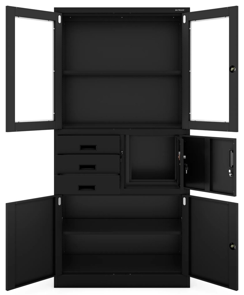 Szafa biurowa metalowa z sejfem, szklane drzwi, czarna, 900x1850x400 mm: FILIP