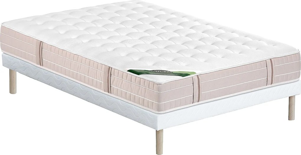 Zestaw 140 x 190 cm: stelaż tapicerowany + materac kieszeniowy 5-strefowy z warstwą pianki termoelastycznej memory i powłoką przeciw pluskwom, wys. 24 cm – VIREVO od NATUREA
