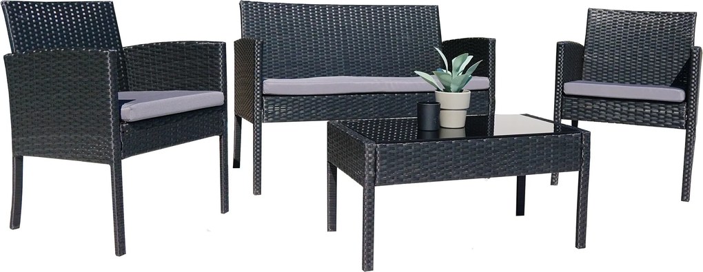 Meble Ogrodowe RIMNI Zestaw Sofa Fotel Stół na Taras Ogród TECHNORATTAN Czarny Szare Komfortowe Poduszki