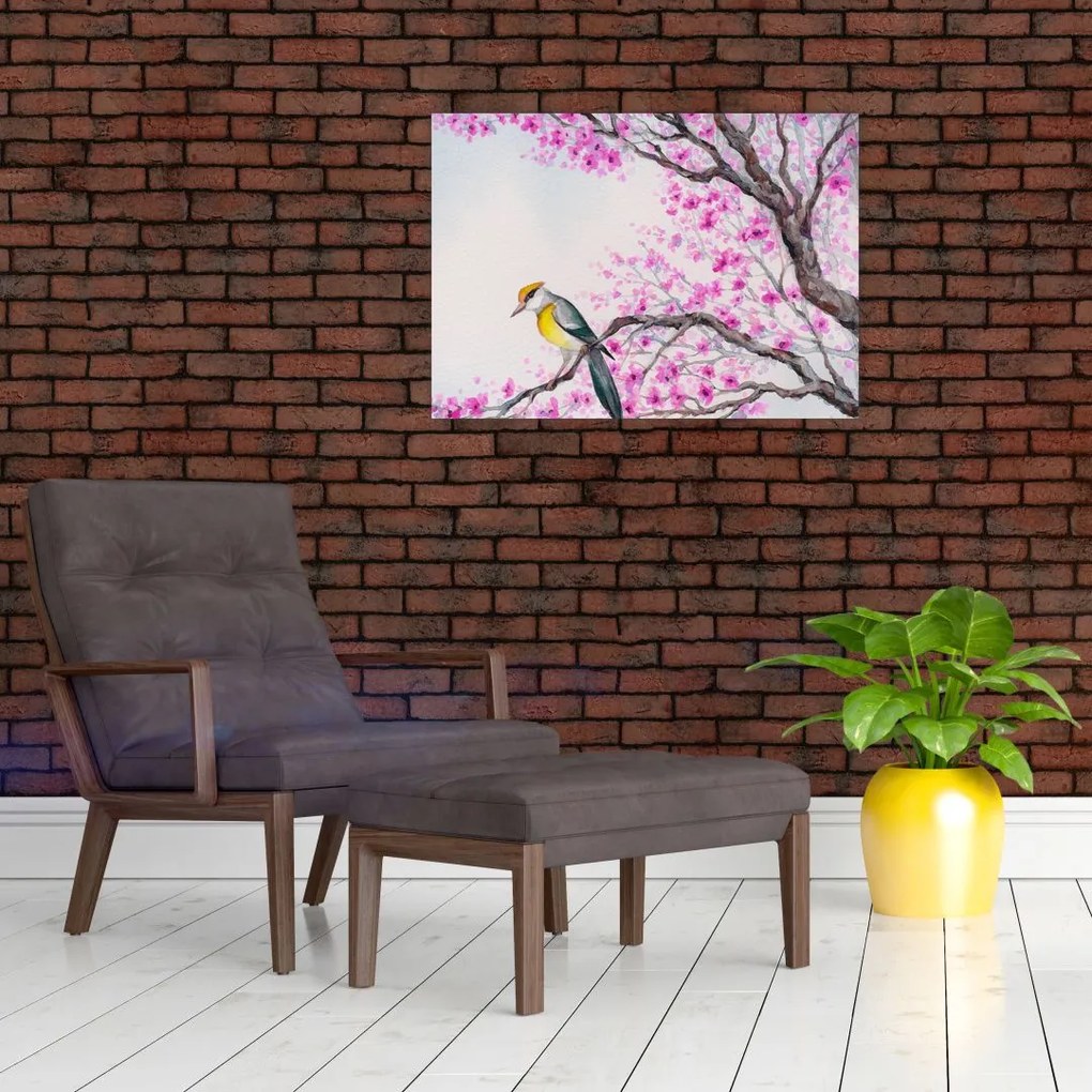 Obraz - ptak na drzewie z różowymi kwiatami (70x50 cm)