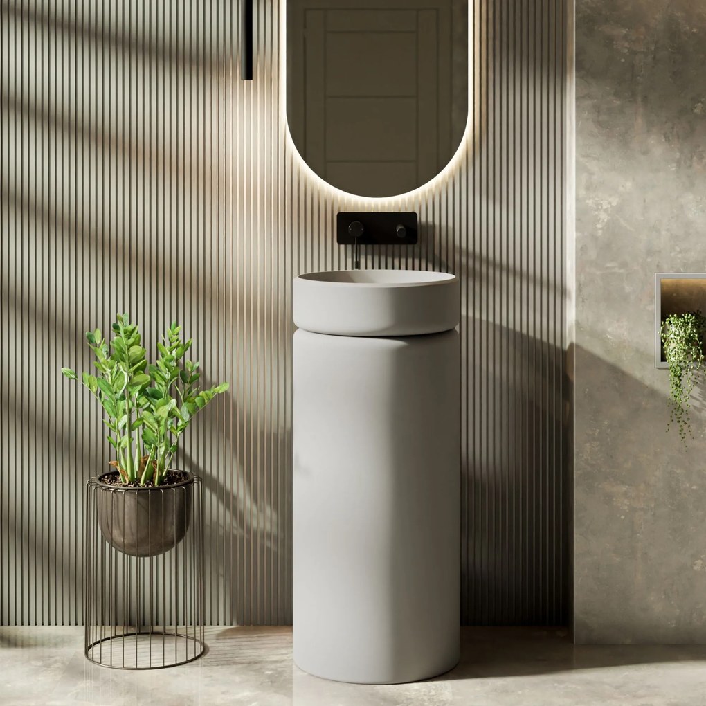 Umywalka z konglomeratu wolnostojąca okrągła szara matowa 85 x 40 cm RONA Grey Matt : Podłączenie syfonu - Do ściany