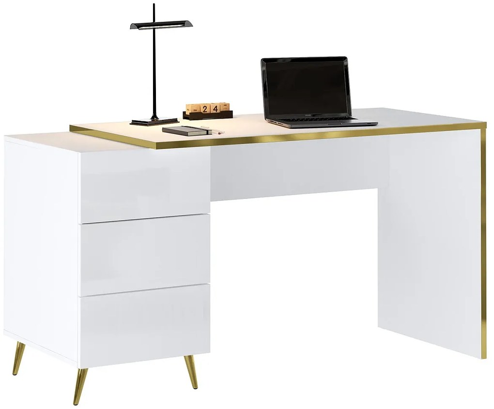 Biurko z szufladami - Biały z połyskiem i złoty - MARZIALO