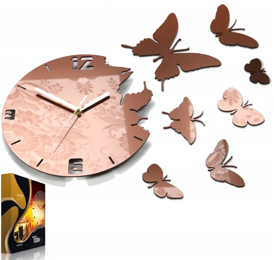 Zegar ścienny nowoczesny do salonu lub sypialni akrylowy brązowy z motylami