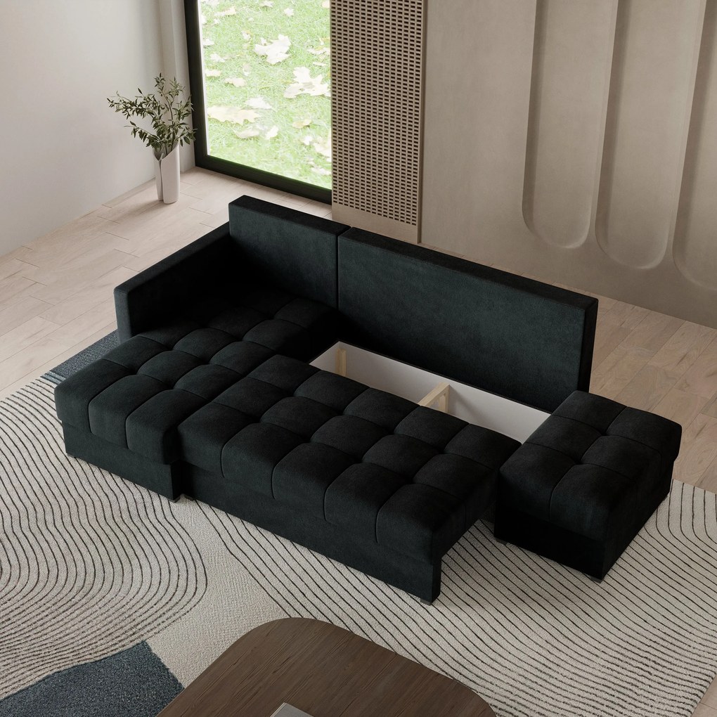 Masseno Narożnik LUMARI z funkcją spania i pojemnikiem na pościel Narozniki L, Rozkładana sofa - Czarny, KRONOS 07