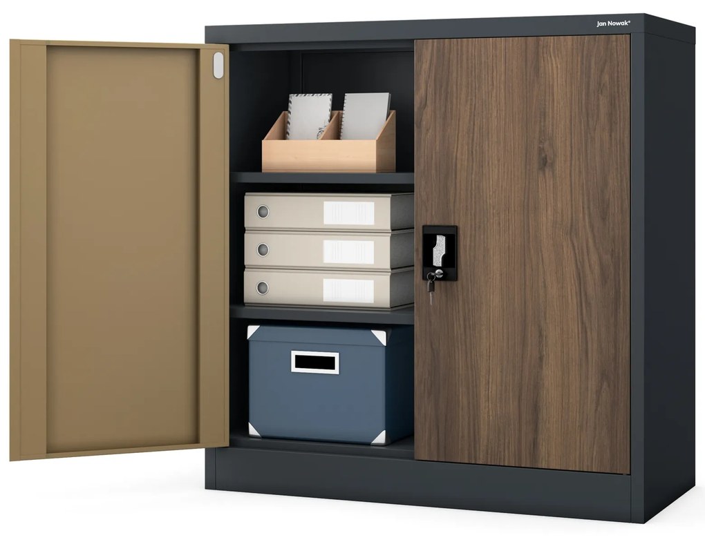 Metalowa szafka do gabinetu BEATA, 900 x 930 x 400 mm, Eco Design: antracytowa/ orzech