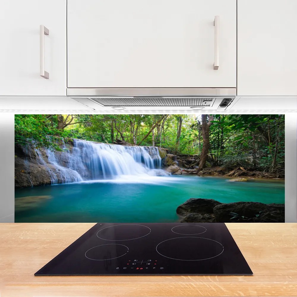 Szkło do Kuchni na Ścianę Ukryty Wodospad w Gęstwinie Lasu