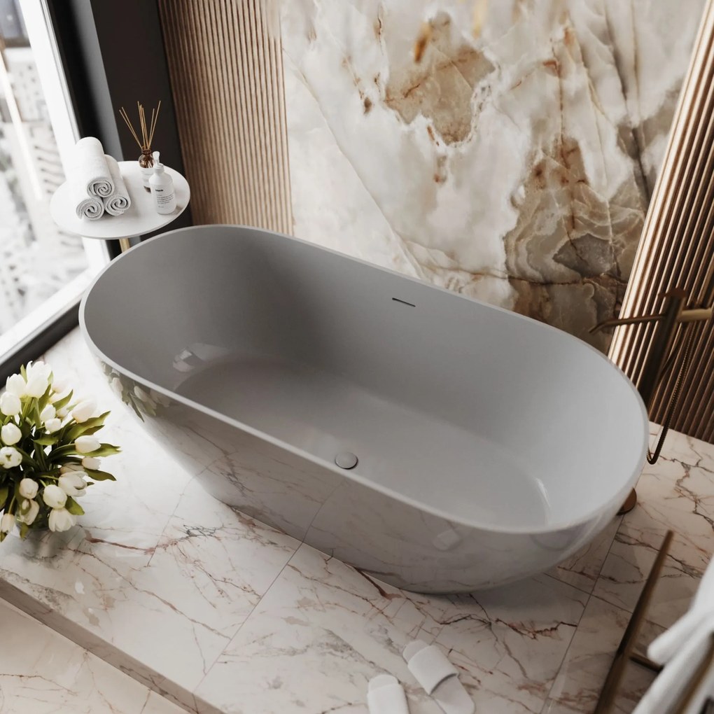 Wanna wolnostojąca owalna z konglomeratu 160 x 75 cm RONA White mat / połysk przelew typu SLIM cienki rant : Kolor wanny - Szary połysk