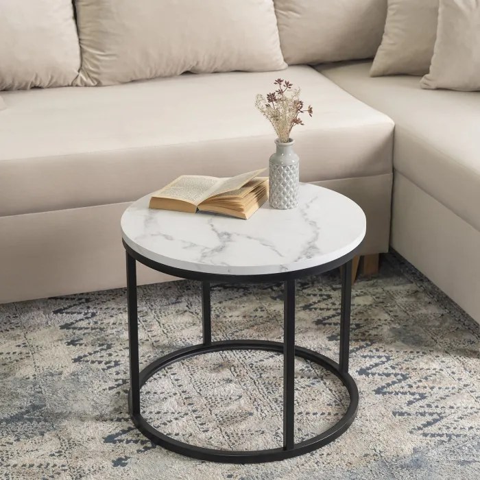 Stolik Kawowy CONNY 53 cm Biały Marmur/Czarny Nowoczesny Glamour