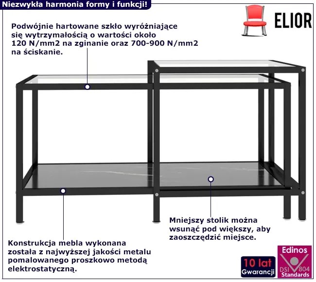 2 szklane stoliki kawowe przezroczysty + czarny marmur - Eloma