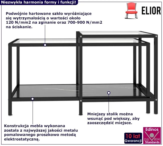 2 szklane stoliki kawowe przezroczysty + czarny marmur Undo 7X